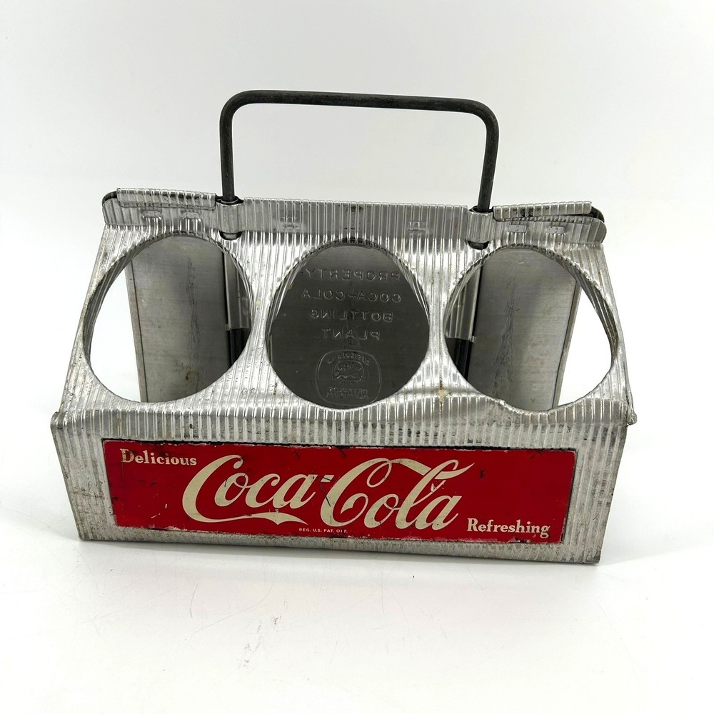 Vtg Coca Cola Pressed Aluminum 6 Pack Soda Bottle Carrier Sliding Handle Silver